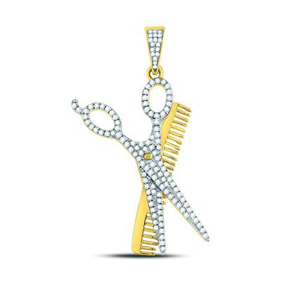 10KT YELLOW GOLD ROUND DIAMOND SCISSORS COMB BARBER CHARM PENDANT 3/4 CTTW