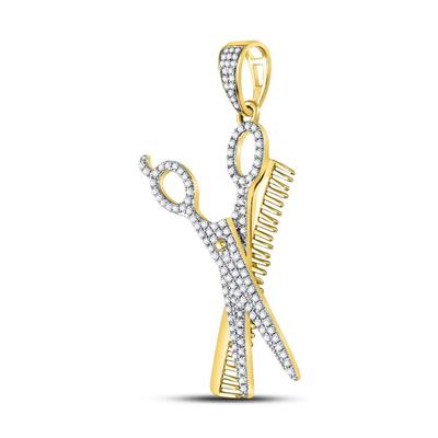 10KT YELLOW GOLD ROUND DIAMOND SCISSORS COMB BARBER CHARM PENDANT 3/4 CTTW