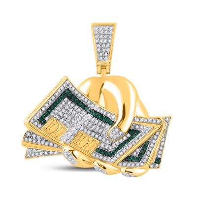 10K YELLOW GOLD ROUND GREEN DIAMOND MONEY FIST CHARM PENDANT 3/4 CTTW
