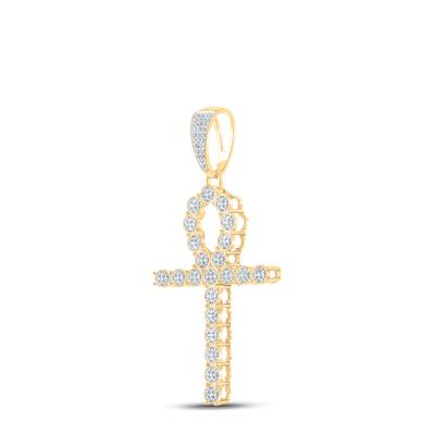 10K YELLOW GOLD ROUND DIAMOND ANKH CROSS CHARM PENDANT 5/8 CTTW