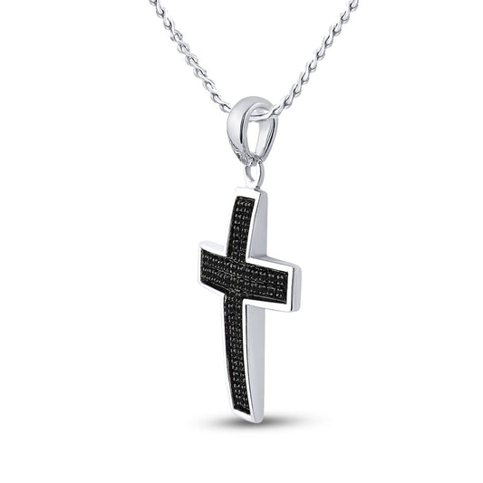 STERLING SILVER ROUND BLACK DIAMOND CROSS CHARM PENDANT 1/6 CTTW