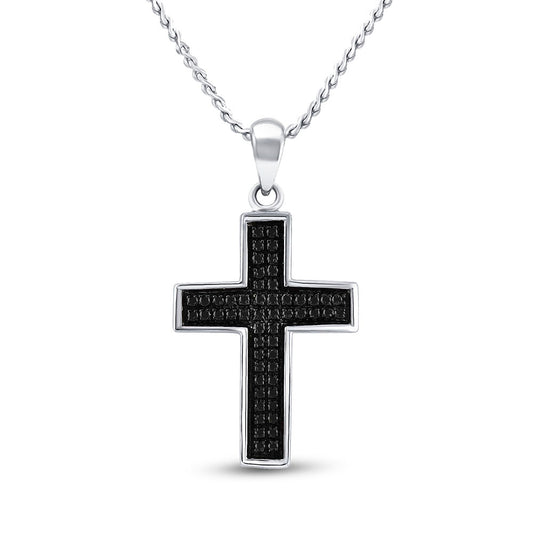 STERLING SILVER ROUND BLACK DIAMOND CROSS CHARM PENDANT 1/6 CTTW