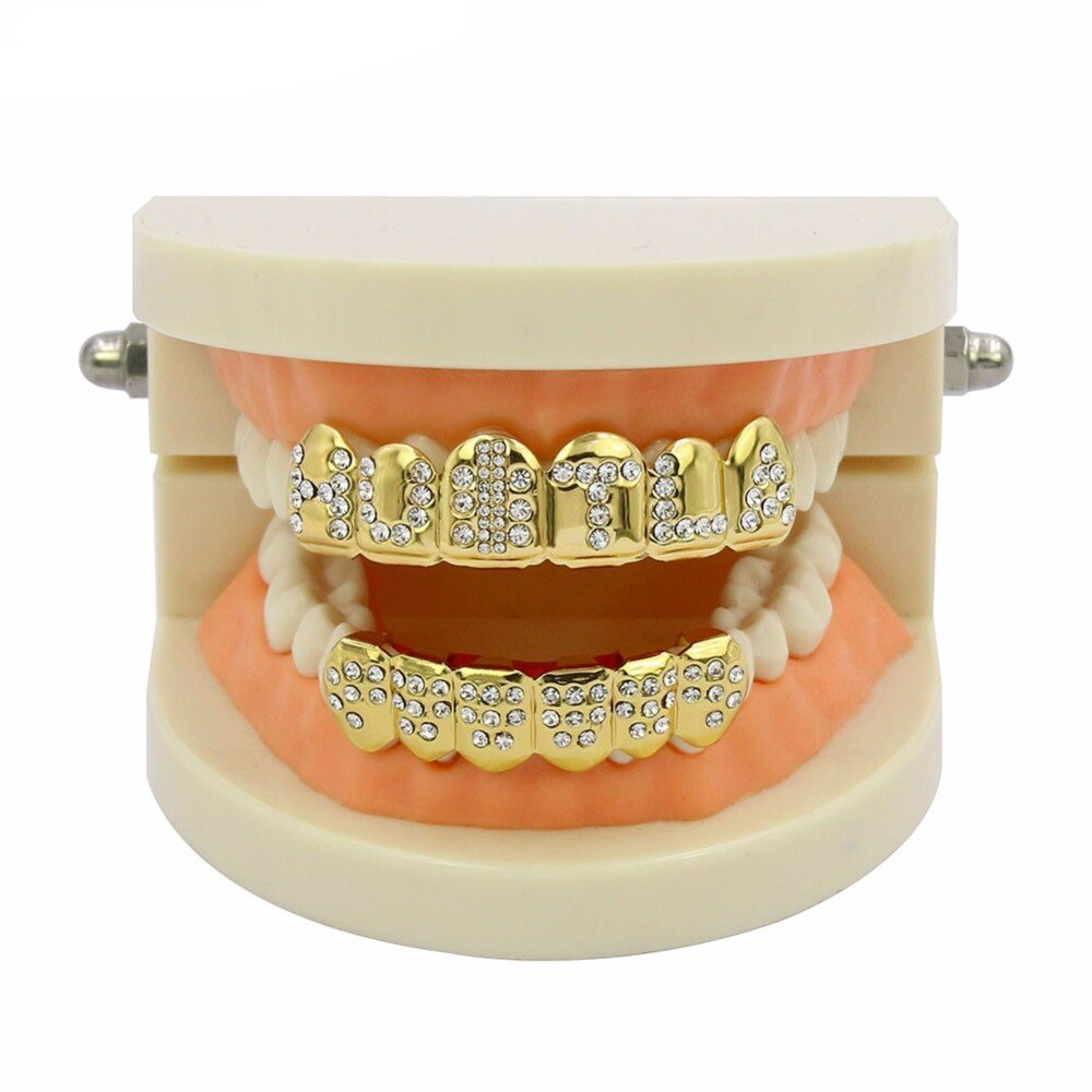6 Top & 6 Bottom Iced Out Letter CZ Stone Teeth GRILLZ Caps