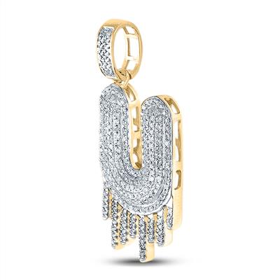 10K YELLOW GOLD ROUND DIAMOND DRIPPING U LETTER CHARM PENDANT 3/4 CTTW