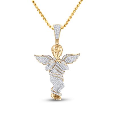 10K YELLOW GOLD ROUND DIAMOND PRAYING ANGEL WINGS CHARM PENDANT 7/8 CTTW
