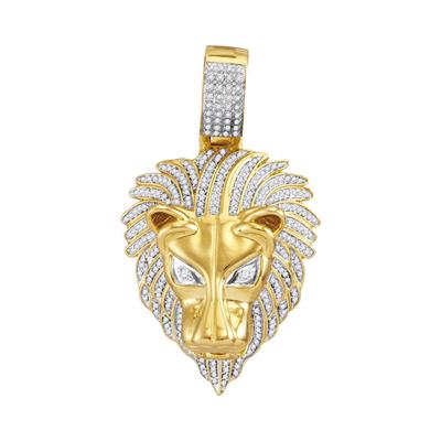 10K YELLOW GOLD ROUND DIAMOND LION HEAD ANIMAL CHARM PENDANT 7/8 CTTW