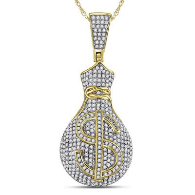 10K YELLOW GOLD ROUND DIAMOND MONEY BAG DOLLAR SIGN CHARM PENDANT 1 CTTW