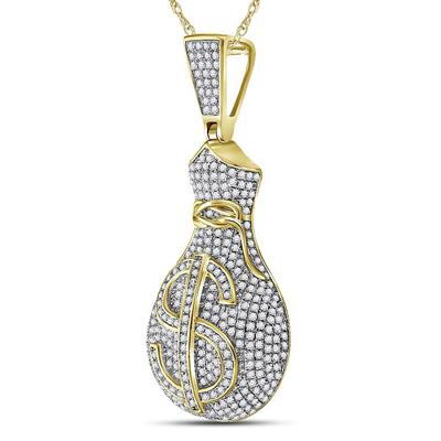 10K YELLOW GOLD ROUND DIAMOND MONEY BAG DOLLAR SIGN CHARM PENDANT 1 CTTW