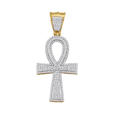 10K YELLOW GOLD ROUND DIAMOND ANKH FLARED CROSS CHARM PENDANT 1 CTTW