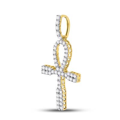 10K YELLOW GOLD ROUND DIAMOND ANKH CROSS CHARM PENDANT 1 CTTW