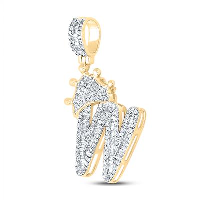 10K YELLOW GOLD BAGUETTE DIAMOND CROWN W LETTER CHARM PENDANT 7/8 CTTW