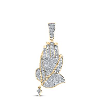 10KT YELLOW GOLD ROUND DIAMOND PRAYING HANDS ROSARY CHARM PENDANT 7/8 CTTW