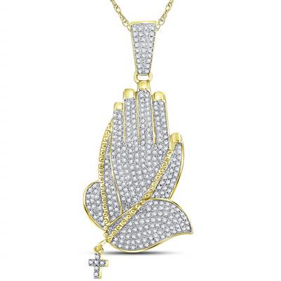 10KT YELLOW GOLD ROUND DIAMOND PRAYING HANDS ROSARY CHARM PENDANT 7/8 CTTW