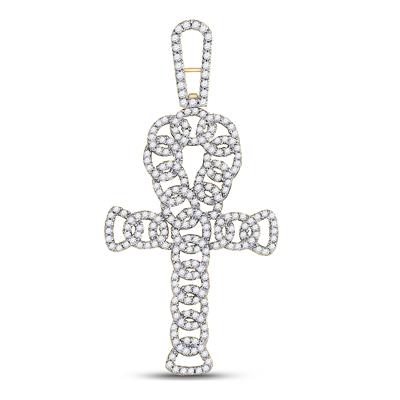 10K YELLOW GOLD ROUND DIAMOND ANKH CROSS CHARM PENDANT 7/8 CTTW