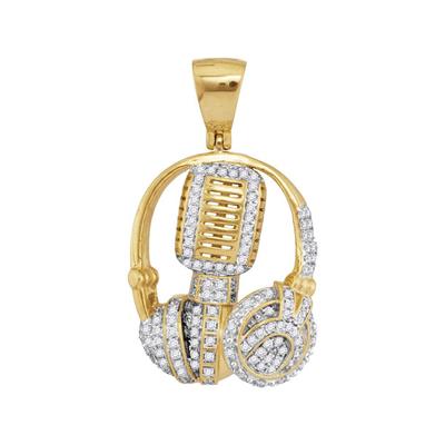 10K YELLOW GOLD DIAMOND MIC HEADPHONE DJ MUSIC CHARM PENDANT 1 CTTW