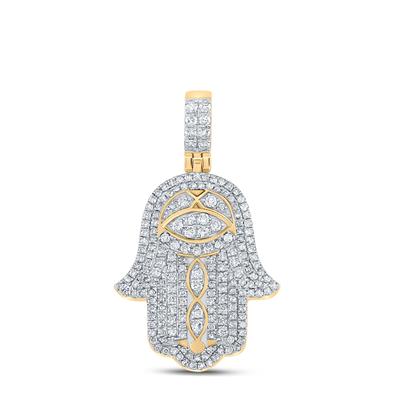 10K YELLOW GOLD ROUND DIAMOND HAMSA HAND CHARM PENDANT 1-1/2 CTTW