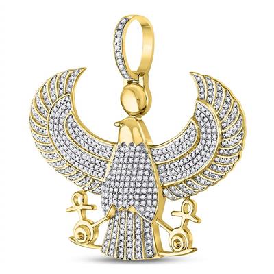 10KT YELLOW GOLD DIAMOND EAGLE FALCON EGYPTIAN HORUS ANKH CHARM PENDANT 1-3/4 CTTW