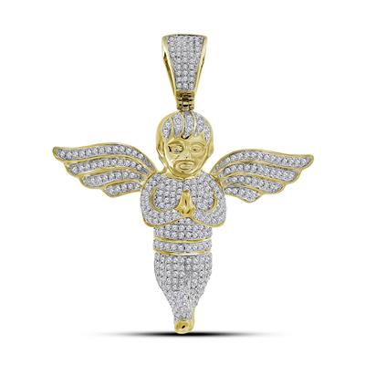 10KT YELLOW GOLD MENS ROUND DIAMOND ANGEL CHARM PENDANT 1-1/2 CTTW