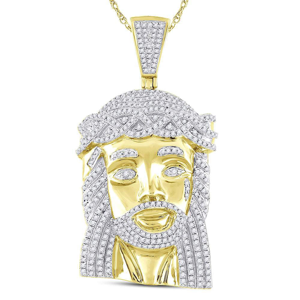 10K YELLOW GOLD ROUND DIAMOND JESUS FACE CHARM PENDANT 1-5/8 CTTW