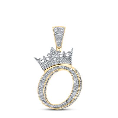 10K TWO-TONE GOLD ROUND DIAMOND INITIAL O CROWN LETTER CHARM PENDANT 1-3/8 CTTW