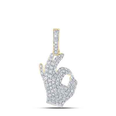 10K YELLOW GOLD ROUND DIAMOND OK HAND GESTURE CHARM PENDANT 1-3/4 CTTW