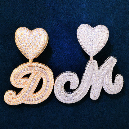 A Z Heart Bail Initial Cursive Letter Pendant With Tennis Chain