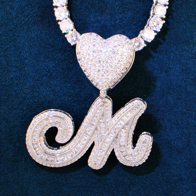 A Z Heart Bail Initial Cursive Letter Pendant With Tennis Chain