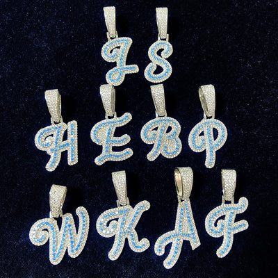 A Z Single Blue Zircon Cursive Letter Hip Hop Pendant Necklace