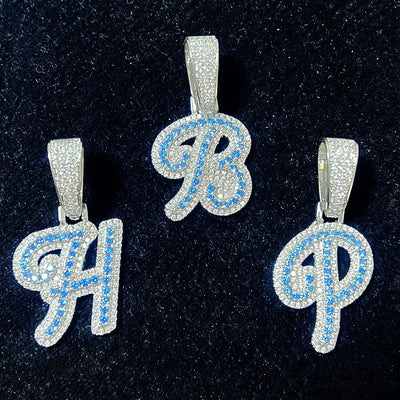 A Z Single Blue Zircon Cursive Letter Hip Hop Pendant Necklace