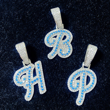 A Z Single Blue Zircon Cursive Letter Hip Hop Pendant Necklace