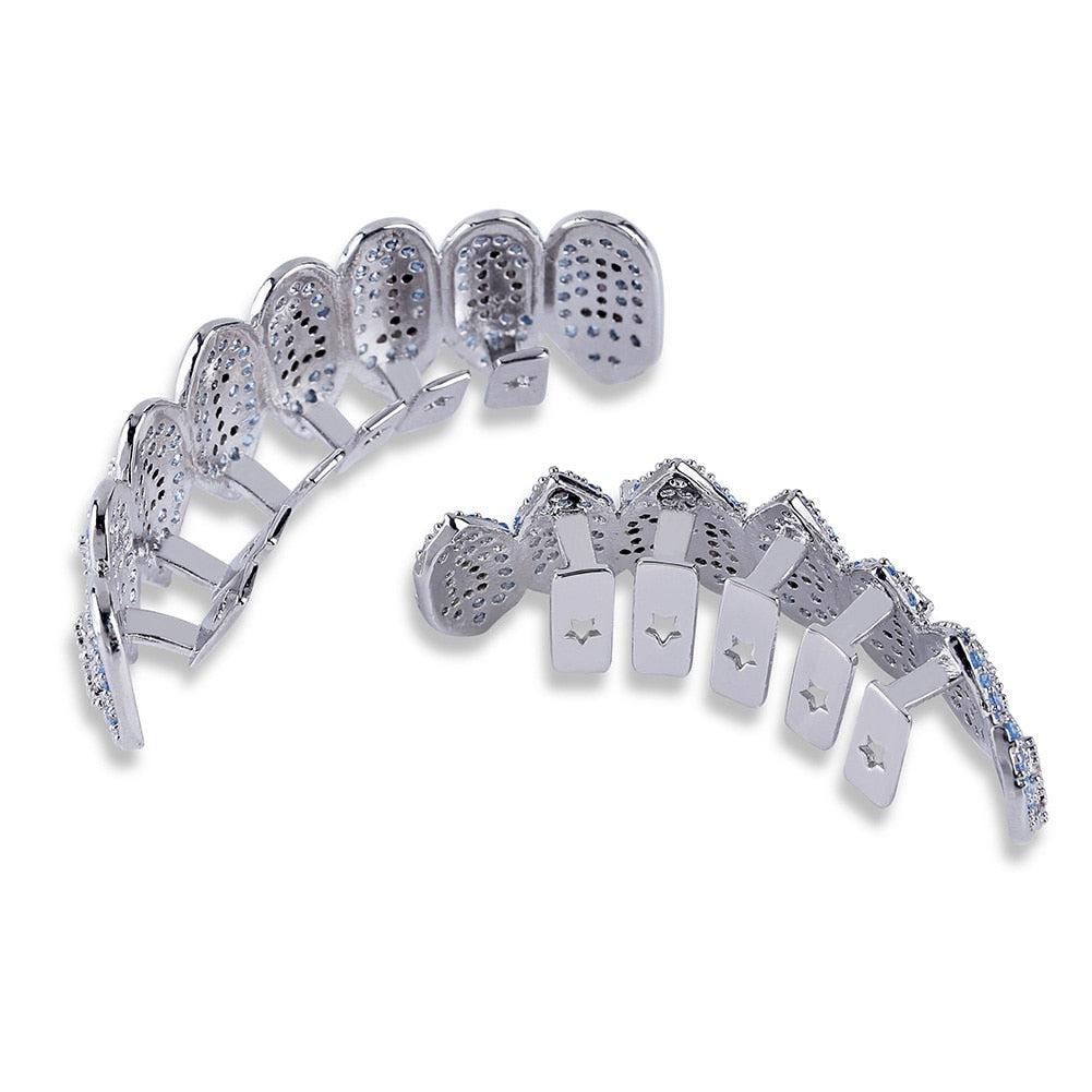 Shark Teeth 1414 Blue & White CZs Iced Out Fangs Top 8 & Bottom Grillz