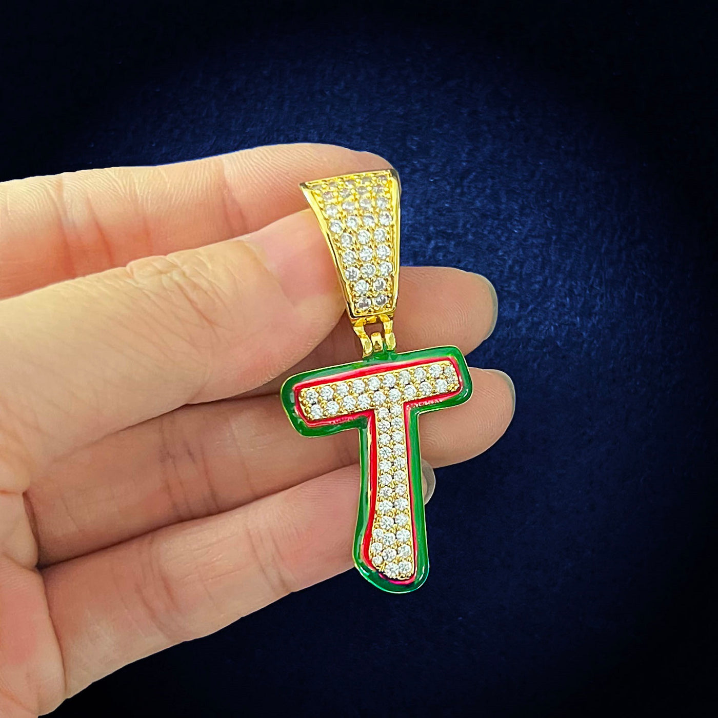 Green and Red Oil Initial Letter Pendant With Tennis chain