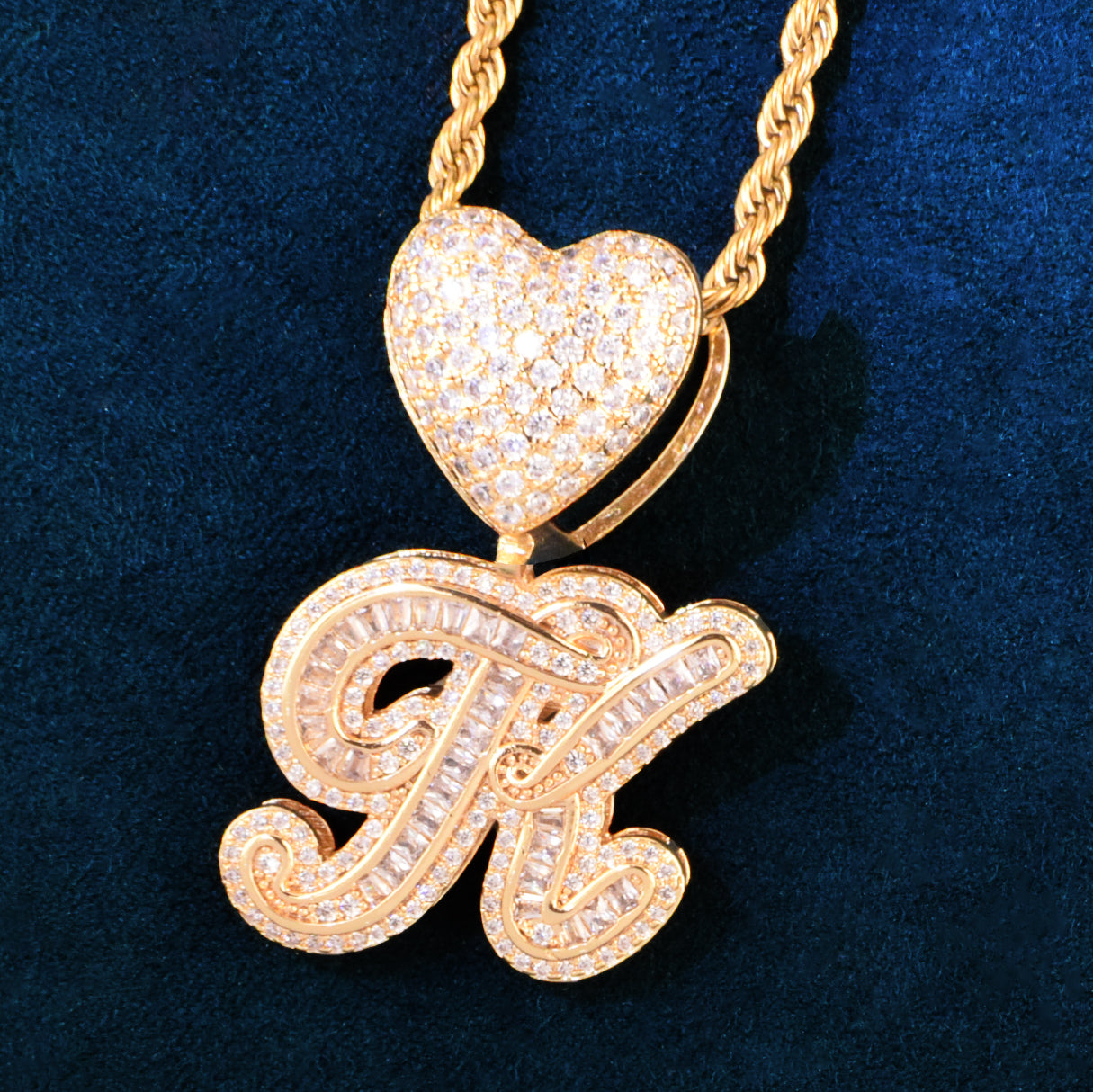 Heart Bail Baguette Initial Cursive Letter Pendant Necklace