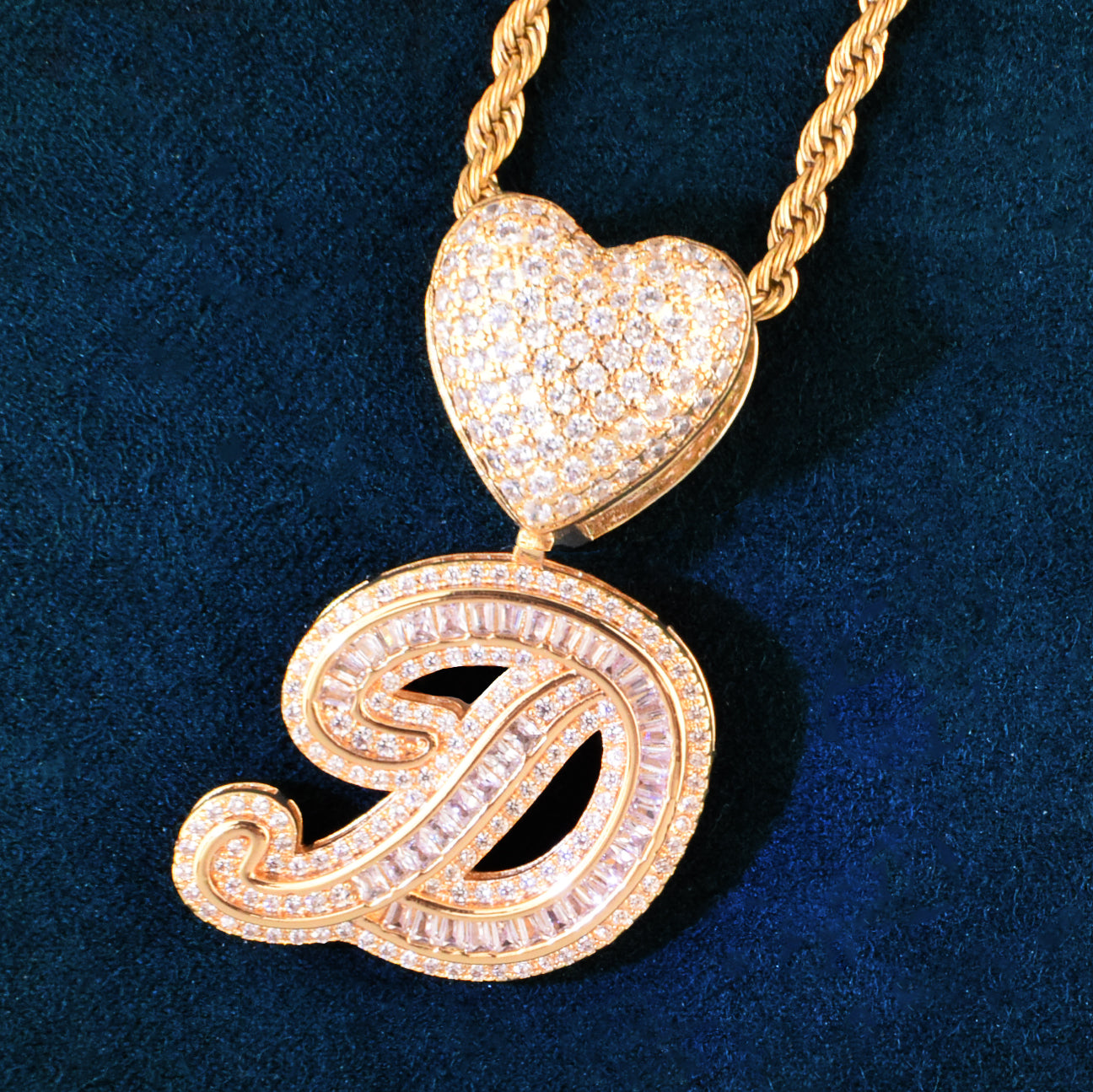 Heart Bail Baguette Initial Cursive Letter Pendant Necklace – Grillz.com