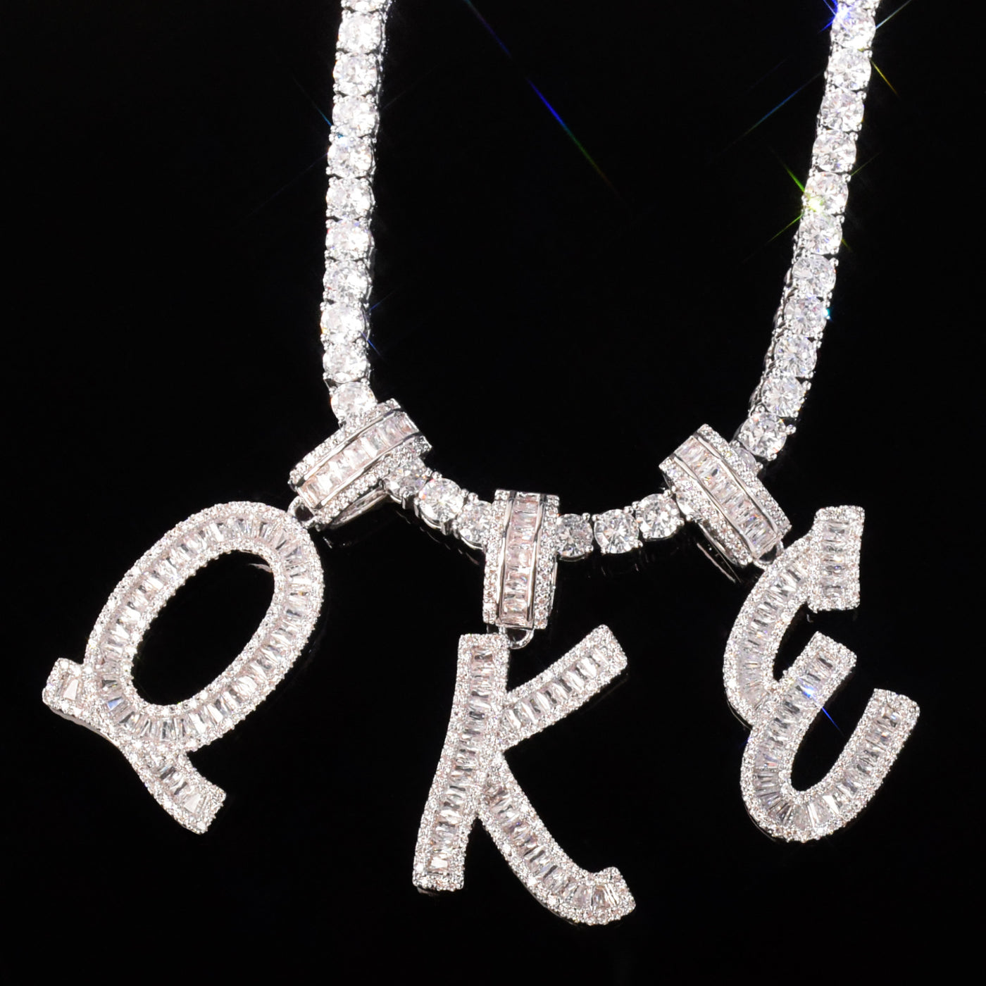 Single Baguette Initials Letters Pendant With 4mm Tennis Chain