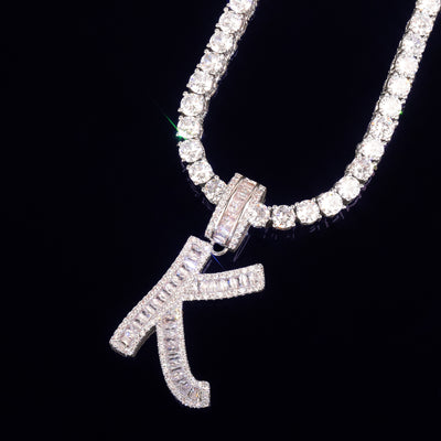 Single Baguette Initials Letters Pendant With 4mm Tennis Chain