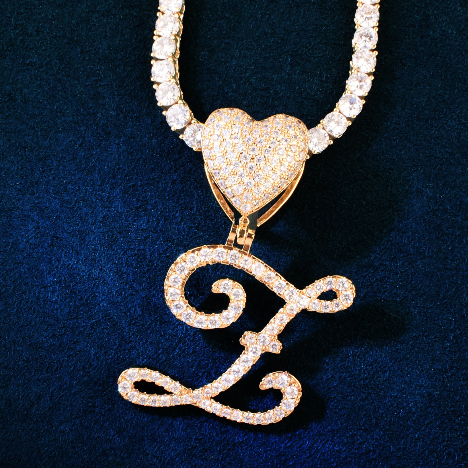 Single Heart Bail Cursive Letter Pendant Necklace With 4mm Tennis Chai ...