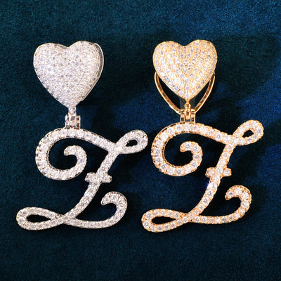 Single Heart Bail Cursive Letter Pendant Necklace With 4mm Tennis Chain