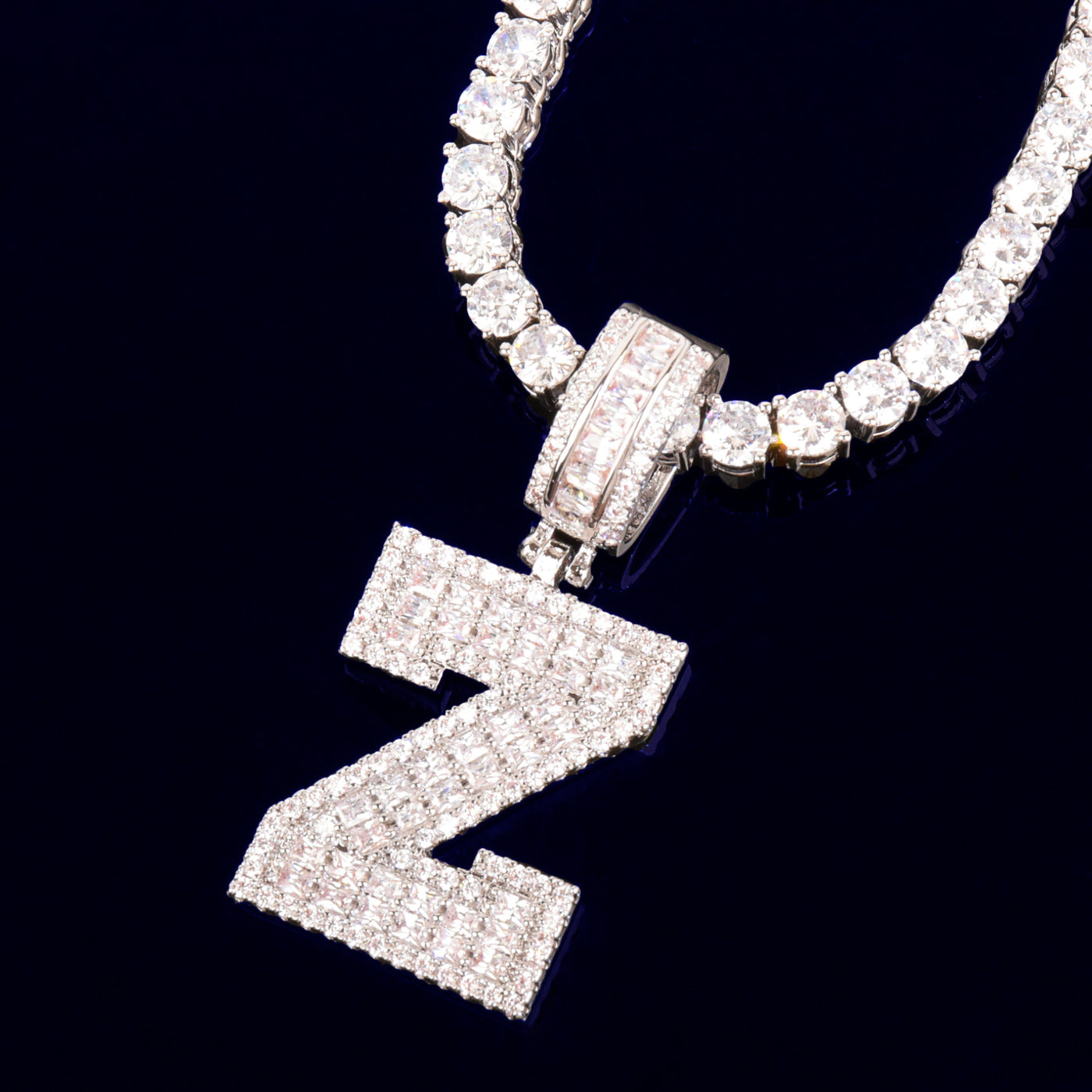 Solid Back Baguette Letter Pendant With Tennis Chain