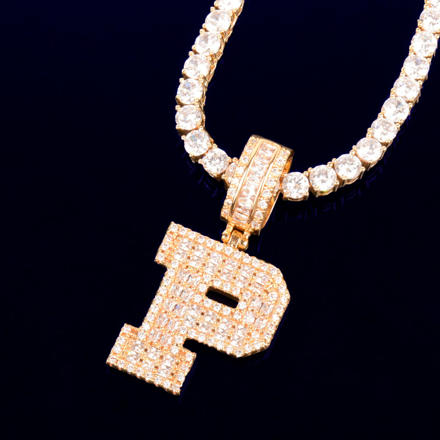 Solid Back Baguette Letter Pendant With Tennis Chain
