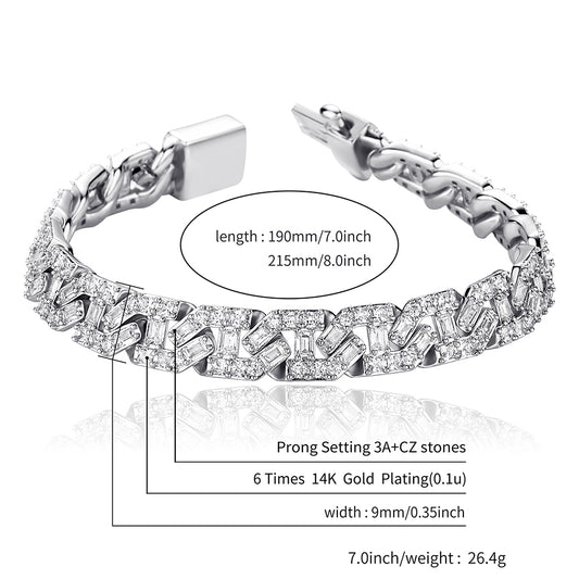 9mm Iced Out Baguette Prong Cuban Bracelet