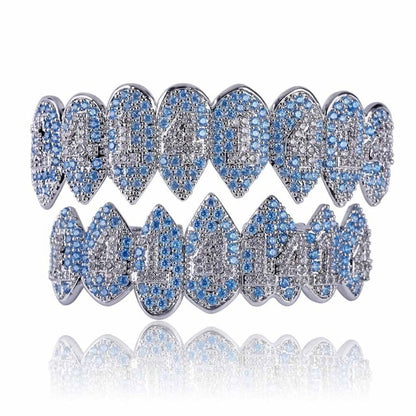 Shark Teeth 1414 Blue & White CZs Iced Out Fangs Top 8 & Bottom Grillz