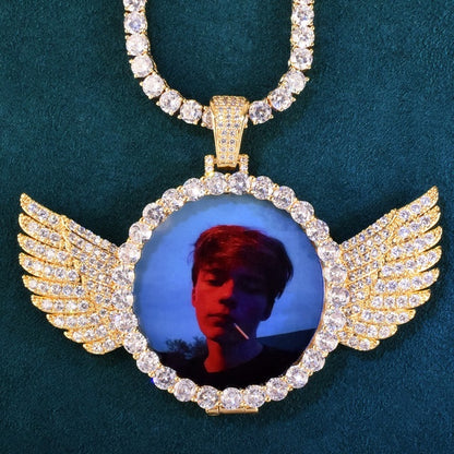 Round Angel Wing Photo Necklace